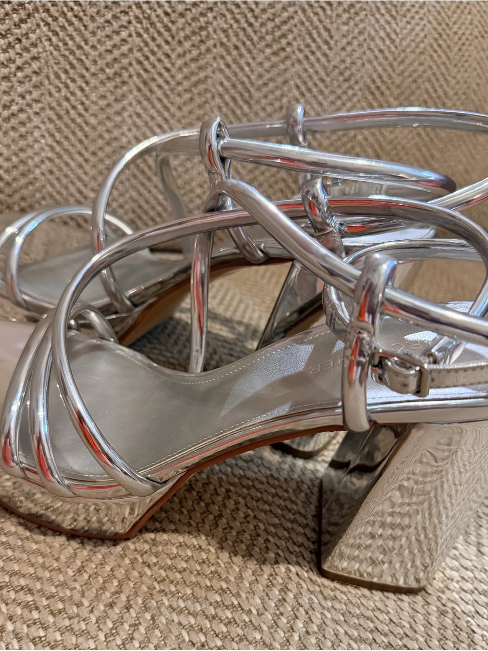 Marc Fisher Metallic Silver Strappy Block Heel Sandals
